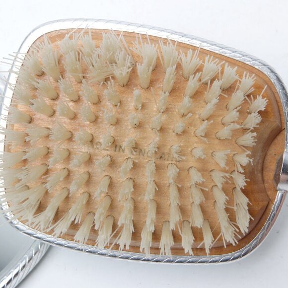 Vintage Vanity Dressing Table Brush Mirror Set England Metal Silver Wood - Picture 11 of 13